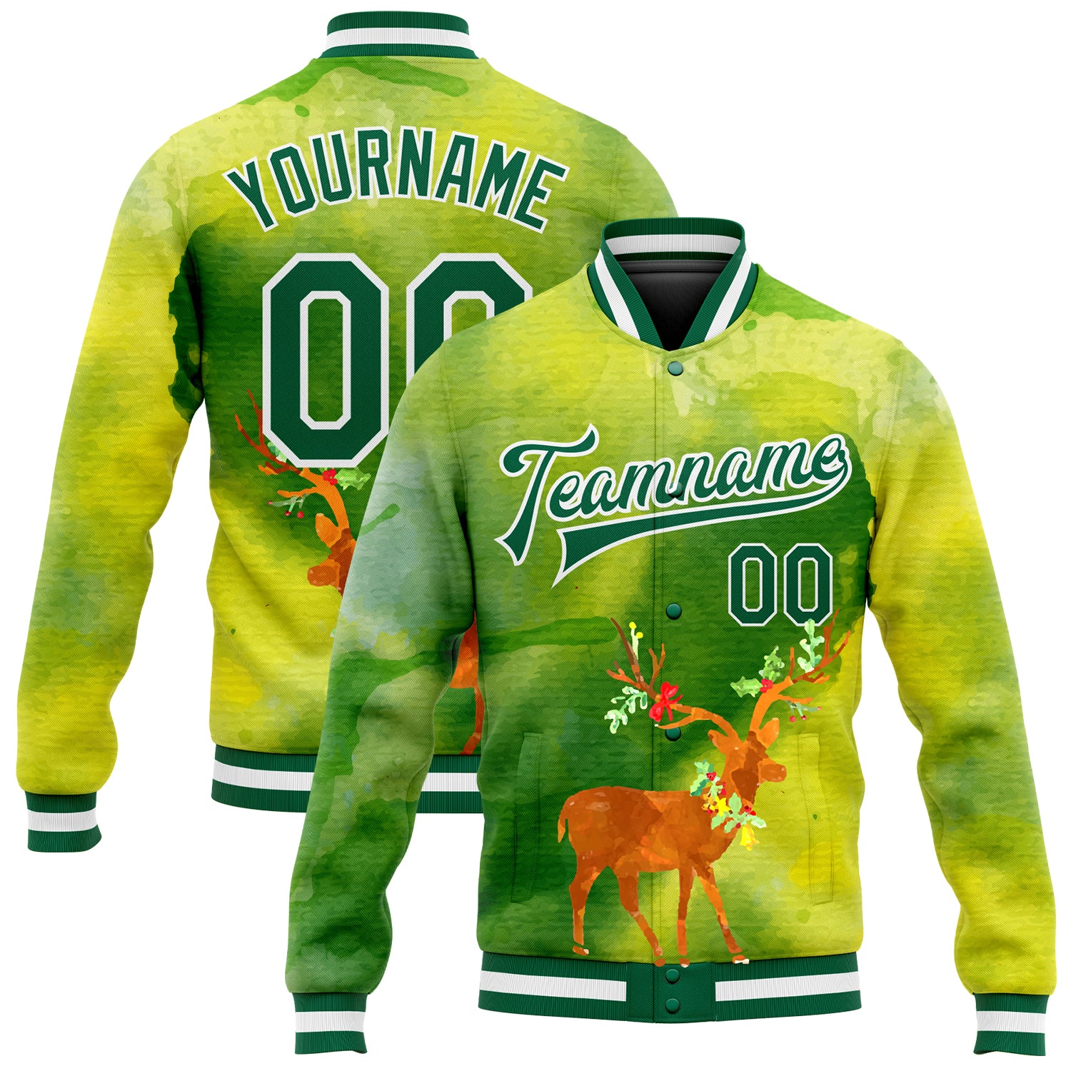 Custom Neon Green Kelly Green-Gold Christmas 3D Bomber Full-Snap Varsity Letterman Jacket Neon Green Kelly Green Gold Christmas 3D Bomber Varsity Letterman Jacket Full-Snap Custom Neon Green Kelly Green-Gold Christmas