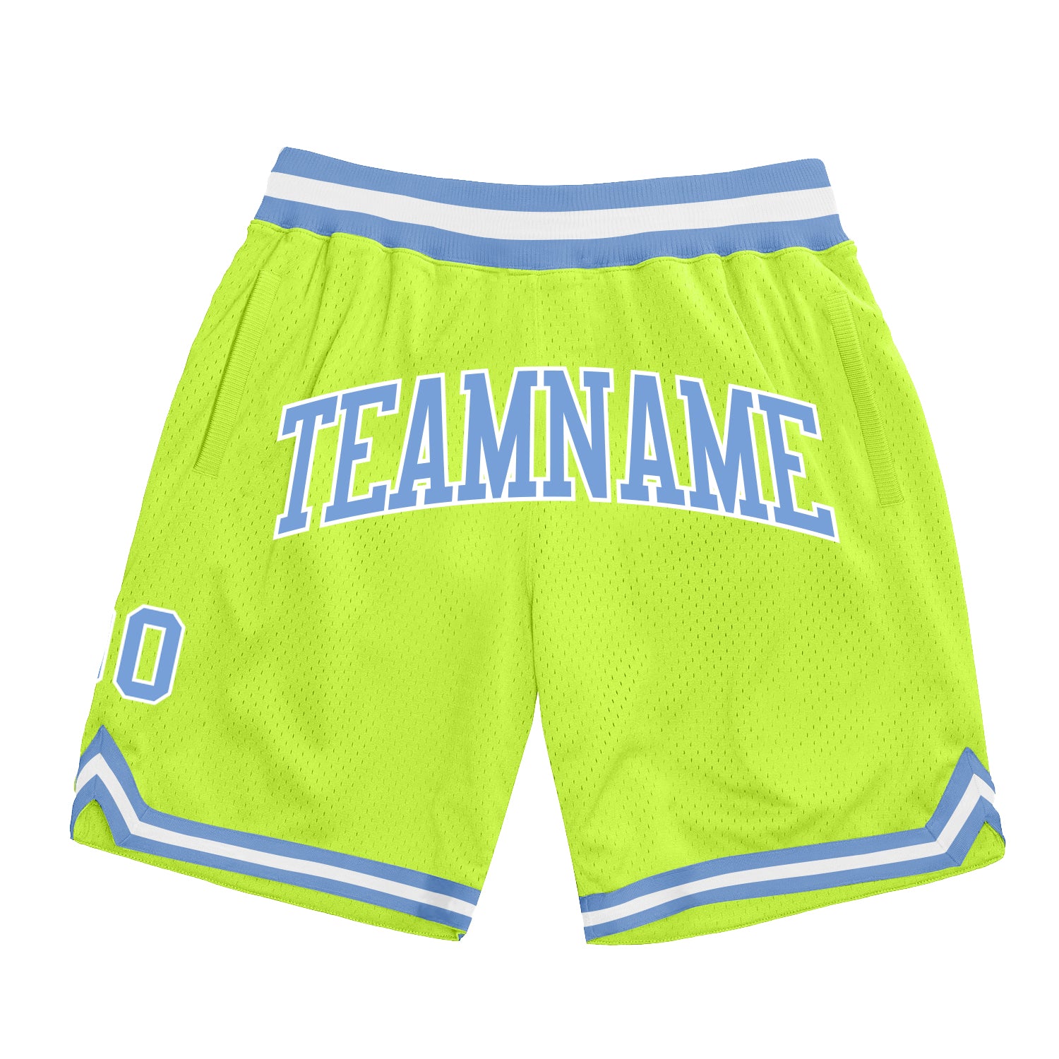 Authentic Neon Green Throwback Basketball Shorts, Blue White Design, Custom Fit Custom Neon Green Light Blue-White Authentic