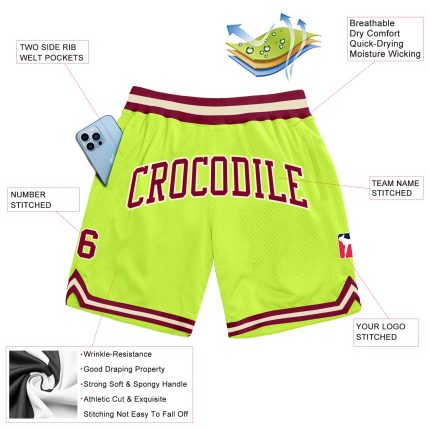 Neon Green Maroon-Cream Throwback Basketball Shorts - Custom Authentic Design Custom Neon Green Maroon-Cream Authentic Throwback