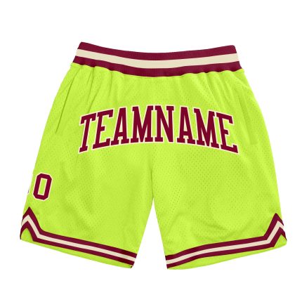 Neon Green Maroon-Cream Throwback Basketball Shorts - Custom Authentic Design Custom Neon Green Maroon-Cream Authentic Throwback