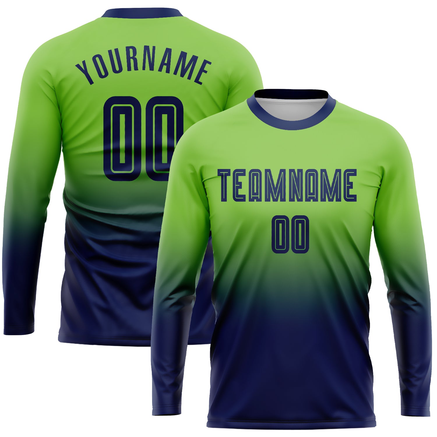 Neon Green Navy Sublimation Soccer Uniform Jersey Long Sleeve Fade Design Custom Neon Green Navy Sublimation Long Sleeve