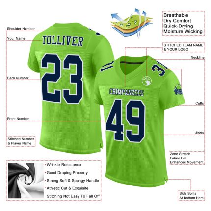 Neon Green Navy White Custom Football Jersey - Authentic Mesh Design Custom Neon Green Navy-White Mesh Authentic Football