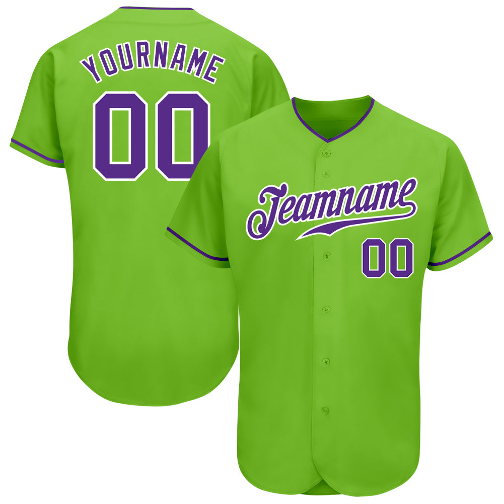 Neon Green Purple-White Custom Baseball Jersey - Authentic Design Custom Neon Green Purple-White Authentic Baseball Jersey