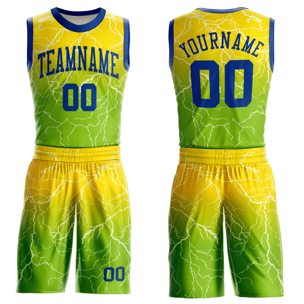 Neon Green Royal Gold Basketball Jersey Sublimation Round Neck Custom Suit Custom Neon Green Royal-Gold Round Neck Sublimation