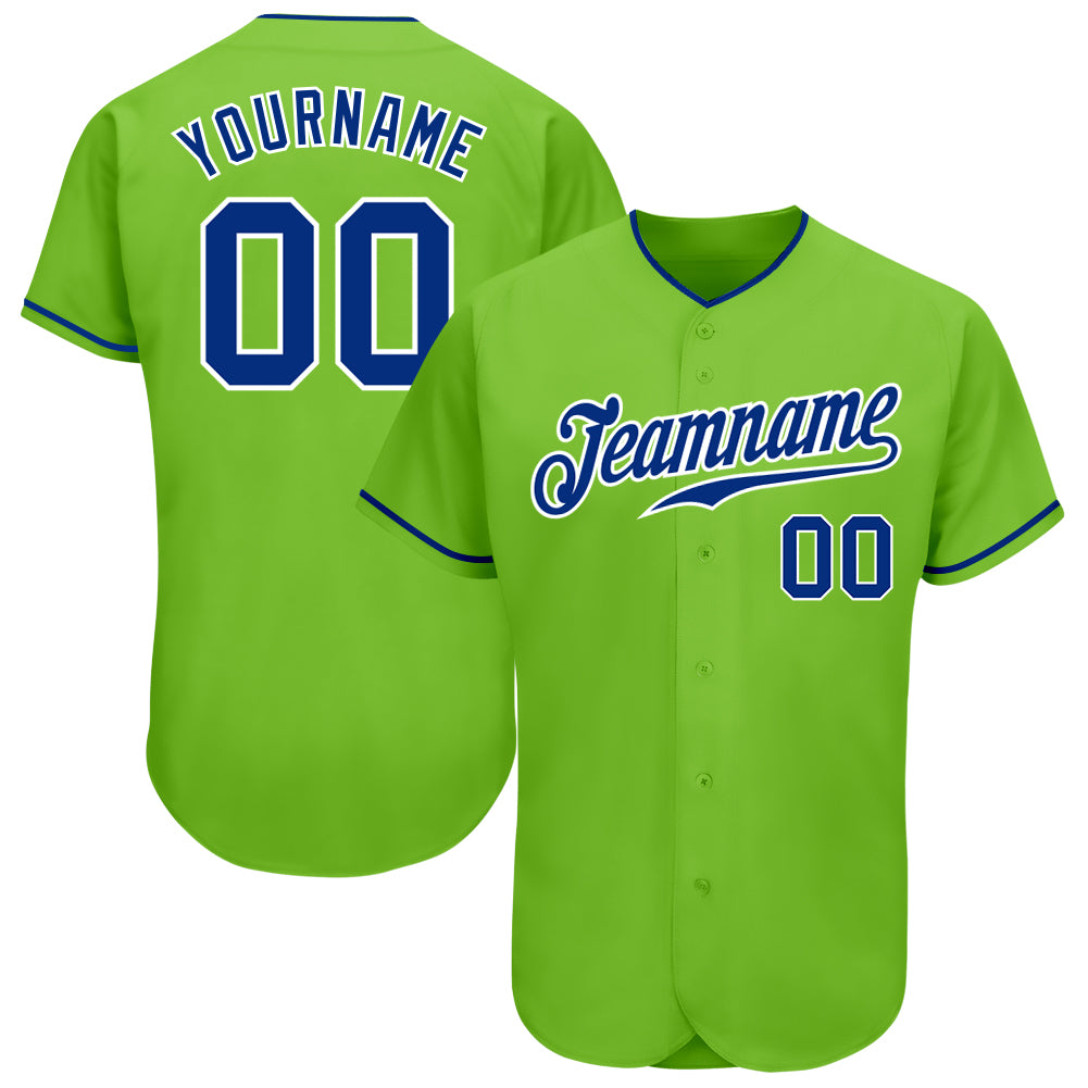Neon Green Baseball Jersey - Custom Royal-White Authentic Design Custom Neon Green Royal-White Authentic Baseball Jersey
