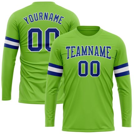 Neon Green Long Sleeve Performance T-Shirt - Custom Royal-White Design Custom Neon Green Royal-White Long Sleeve Performance