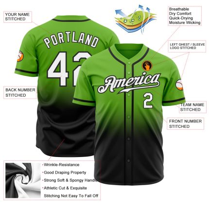 Neon Green White Black Authentic Fade Baseball Jersey - Custom Fashion Fit Custom Neon Green White-Black Authentic Fade Fashion