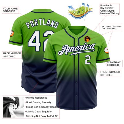 Neon Green White Navy Fade Fashion Baseball Jersey - Custom Authentic Design Custom Neon Green White-Navy Authentic Fade