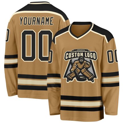 Custom Black Cream Old Gold Hockey Jersey for Men and Women Custom Old Gold Black-Cream Hockey Jersey