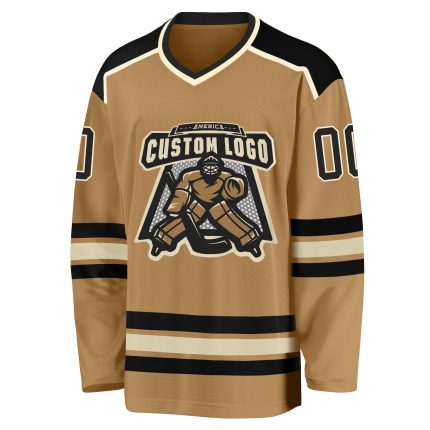 Custom Black Cream Old Gold Hockey Jersey for Men and Women Custom Old Gold Black-Cream Hockey Jersey