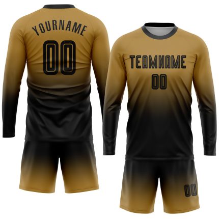Custom Gold Black Fade Soccer Jersey Long Sleeve Sublimation Uniform Fashion Custom Old Gold Black Sublimation Long Sleeve