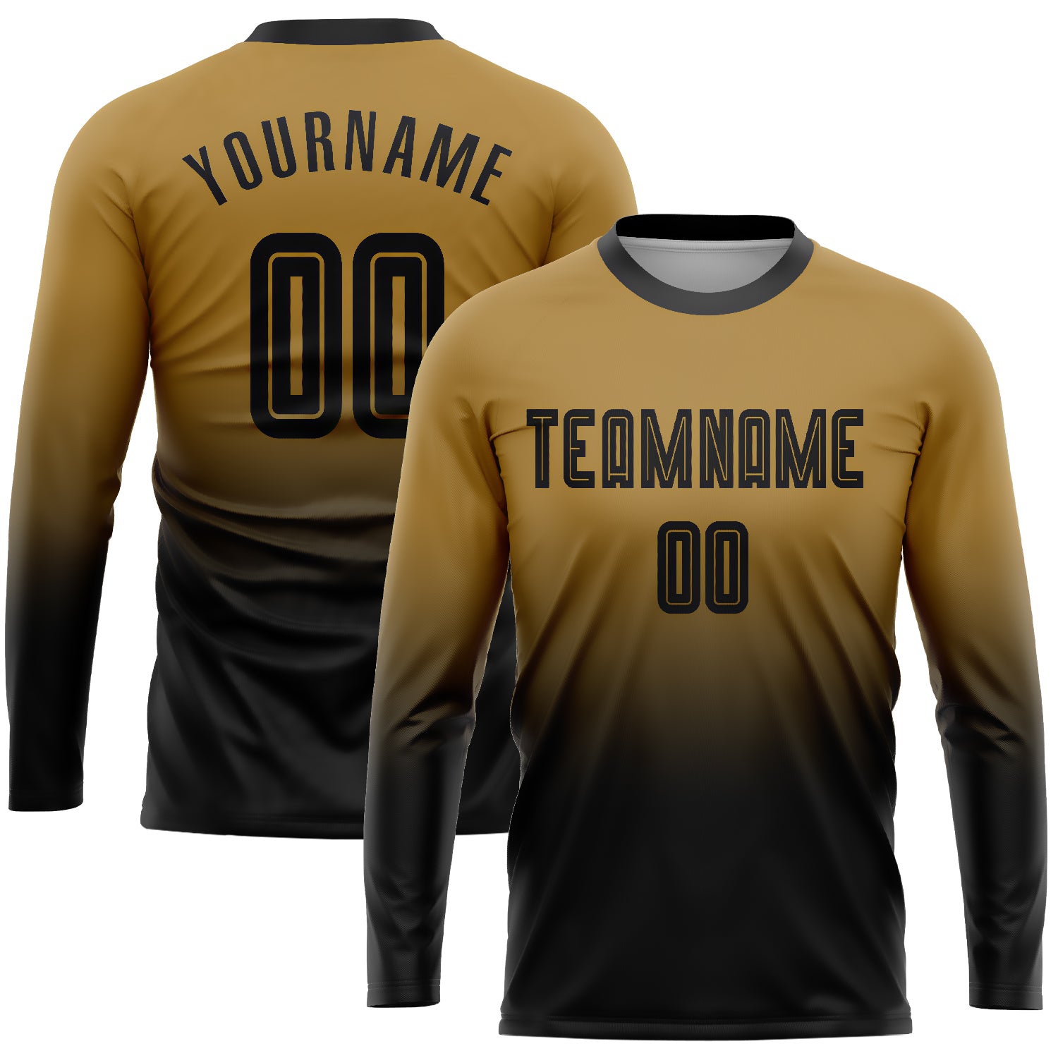 Custom Gold Black Fade Soccer Jersey Long Sleeve Sublimation Uniform Fashion Custom Old Gold Black Sublimation Long Sleeve