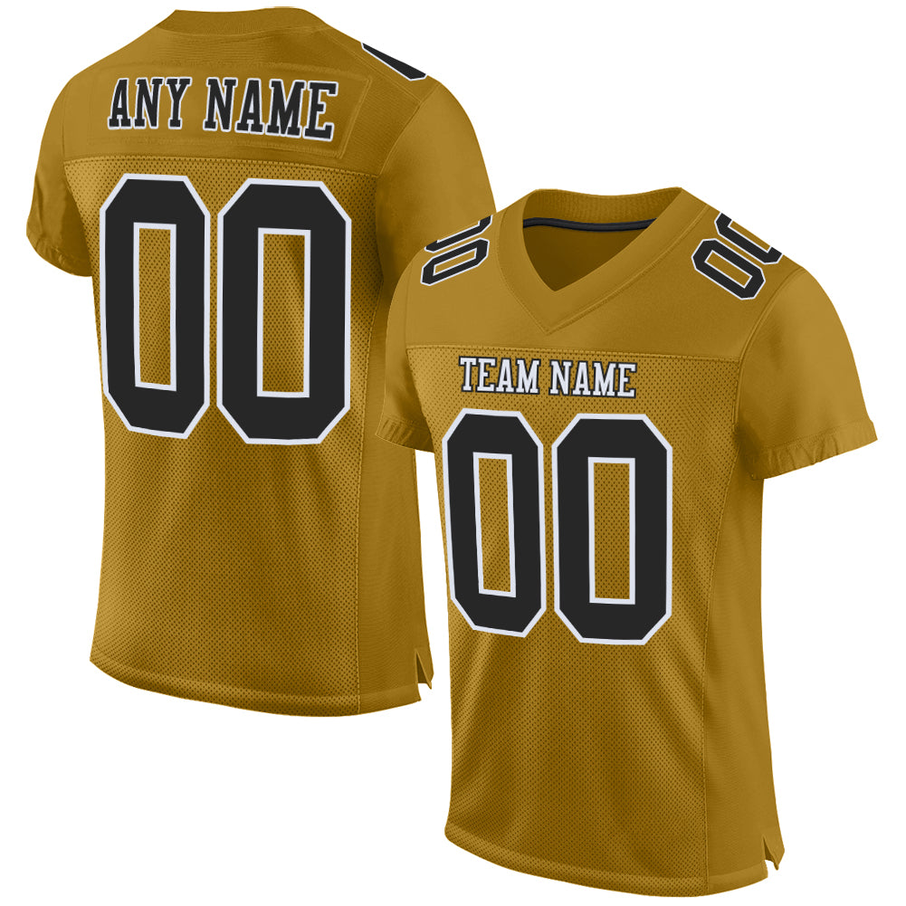 Custom Old Gold Black White Football Jersey - Authentic Mesh Design Custom Old Gold Black-White Mesh Authentic Football Jersey