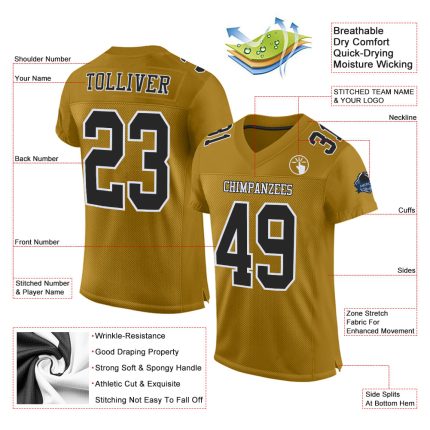 Custom Old Gold Black White Football Jersey - Authentic Mesh Design Custom Old Gold Black-White Mesh Authentic Football Jersey