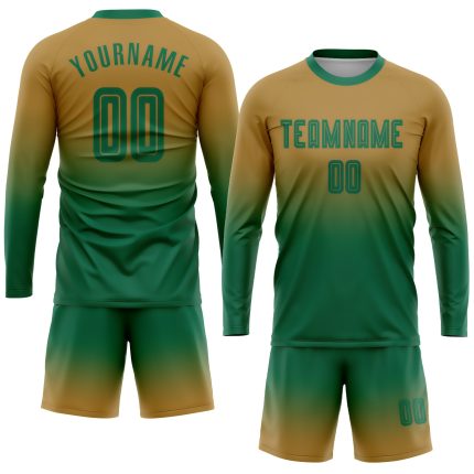 Custom Gold Kelly Green Soccer Jersey Long Sleeve Fade Fashion Sublimation Uniform Custom Old Gold Kelly Green Sublimation