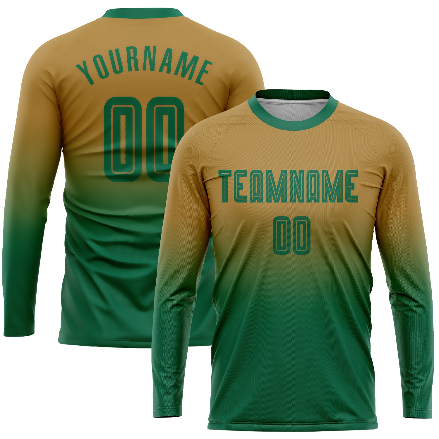Custom Gold Kelly Green Soccer Jersey Long Sleeve Fade Fashion Sublimation Uniform Custom Old Gold Kelly Green Sublimation