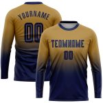 Old Gold Navy Sublimation Fashion Soccer Jersey Long Sleeve Uniform Custom Custom Old Gold Navy Sublimation Long Sleeve Fade