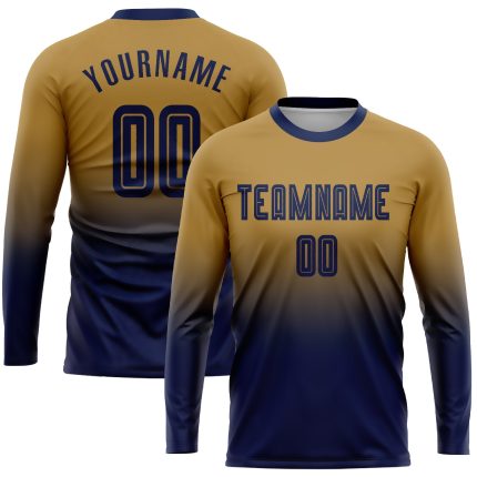 Old Gold Navy Sublimation Fashion Soccer Jersey Long Sleeve Uniform Custom Custom Old Gold Navy Sublimation Long Sleeve Fade