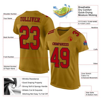 Old Gold Red-Black Custom Football Jersey - Authentic Mesh Sports Apparel Custom Old Gold Red-Black Mesh Authentic Football