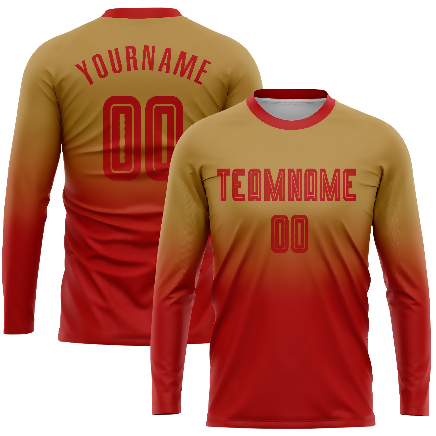 Custom Old Gold Red Fade Fashion Soccer Uniform Jersey - Long Sleeve Sublimation Custom Old Gold Red Sublimation Long Sleeve