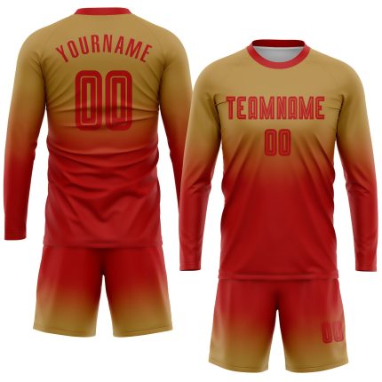 Custom Old Gold Red Fade Fashion Soccer Uniform Jersey - Long Sleeve Sublimation Custom Old Gold Red Sublimation Long Sleeve