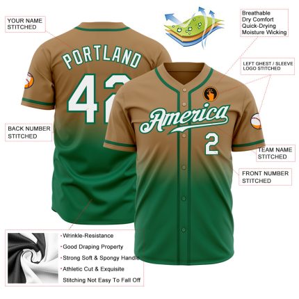 Old Gold White Kelly Green Fade Fashion Baseball Jersey - Custom Authentic Design Custom Old Gold White-Kelly Green Authentic