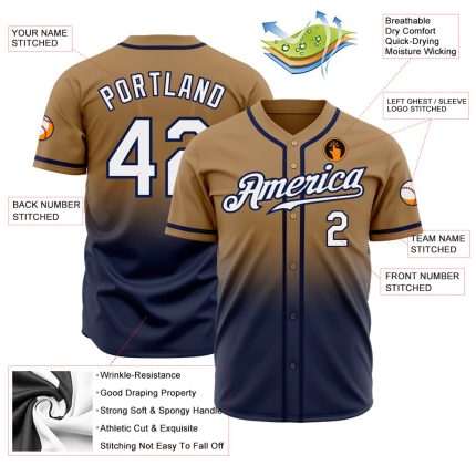 Custom Navy Gold White Fade Fashion Baseball Jersey for Men Custom Old Gold White-Navy Authentic Fade Fashion Baseball Jersey