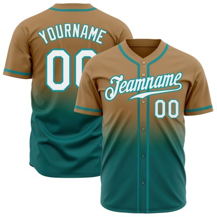 Old Gold White Teal Fade Fashion Baseball Jersey - Custom Authentic Design Custom Old Gold White-Teal Authentic Fade Fashion