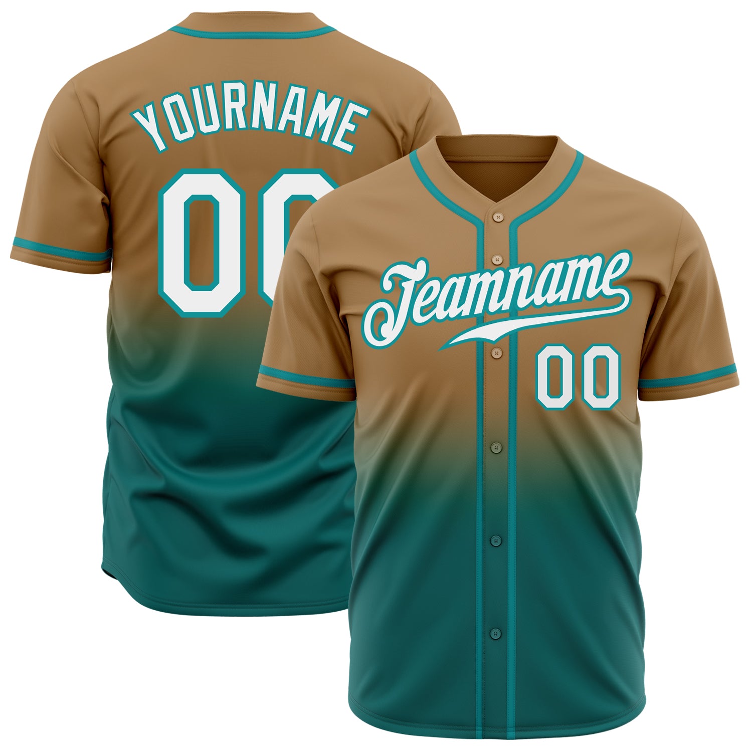 Old Gold White Teal Fade Fashion Baseball Jersey - Custom Authentic Design Custom Old Gold White-Teal Authentic Fade Fashion