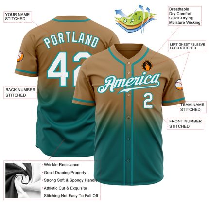 Old Gold White Teal Fade Fashion Baseball Jersey - Custom Authentic Design Custom Old Gold White-Teal Authentic Fade Fashion