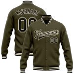 Custom Olive Black Cream Varsity Letterman Bomber Jacket - Full Snap Salute to Service Edition Custom Olive Black-Cream Bomber