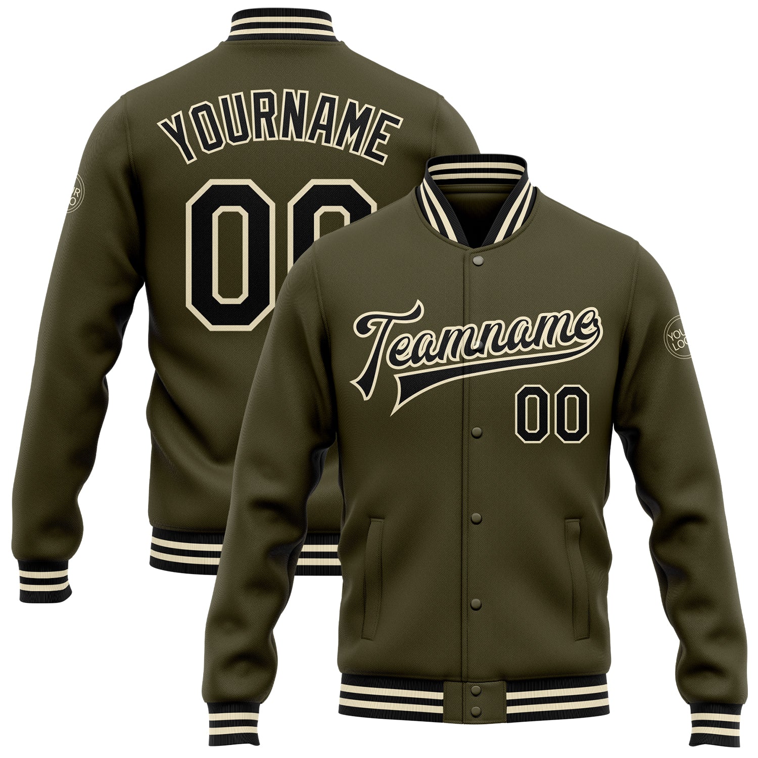 Custom Olive Black Cream Varsity Letterman Bomber Jacket - Full Snap Salute to Service Edition Custom Olive Black-Cream Bomber