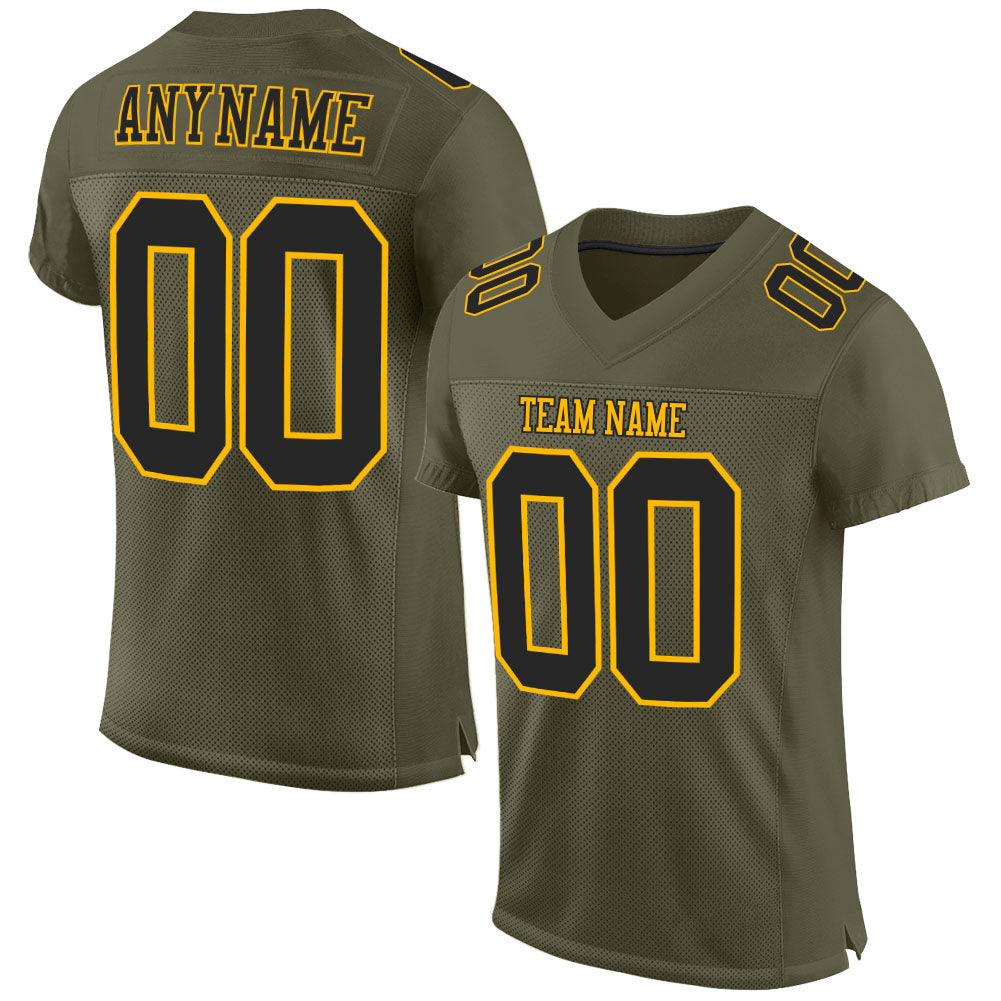 Custom Black-Gold Olive Mesh Football Jersey - Authentic Salute To Service Custom Olive Black-Gold Mesh Authentic Salute