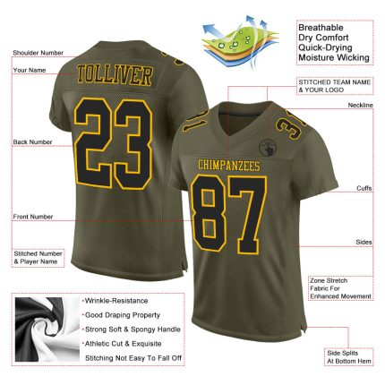 Custom Black-Gold Olive Mesh Football Jersey - Authentic Salute To Service Custom Olive Black-Gold Mesh Authentic Salute