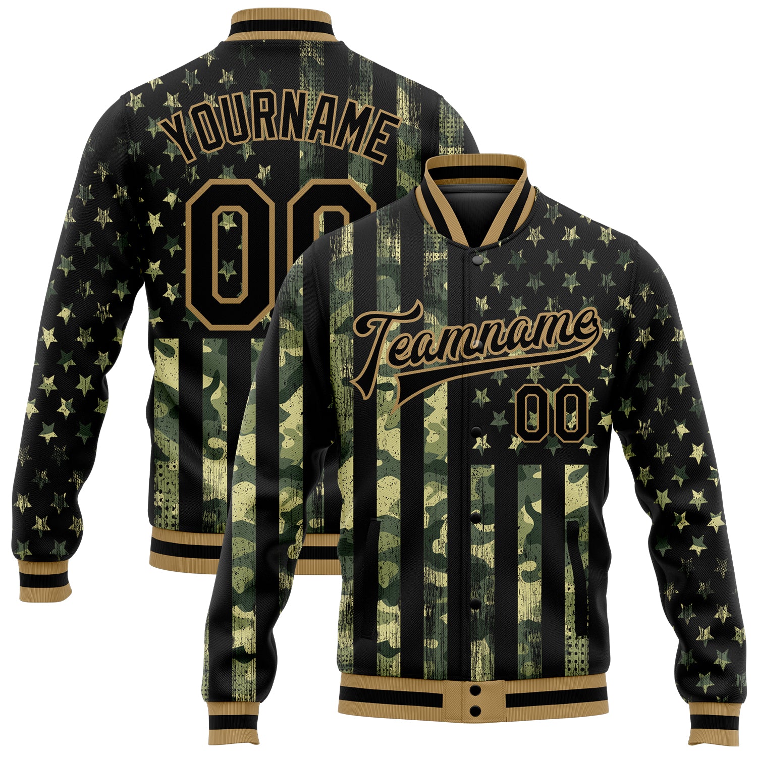 Custom American Flag Bomber Jacket 3D Full-Snap Varsity Letterman Olive Black-Old Gold Salute to Service Custom Olive Black-Old