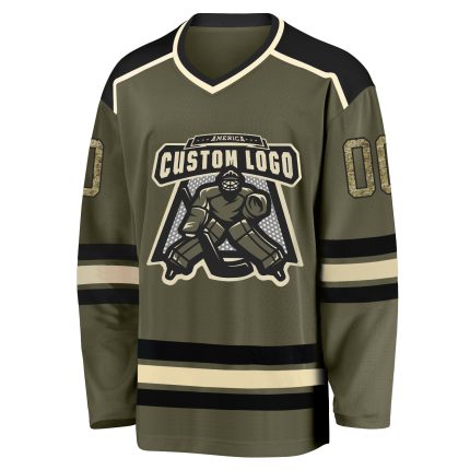 Custom Olive Camo Salute to Service Hockey Jersey - Black Cream Design Custom Olive Camo Black-Cream Salute To Service Hockey