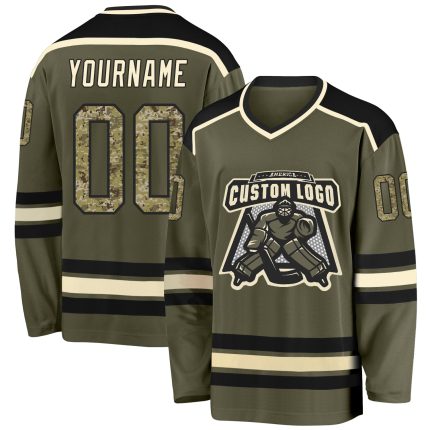 Custom Olive Camo Salute to Service Hockey Jersey - Black Cream Design Custom Olive Camo Black-Cream Salute To Service Hockey
