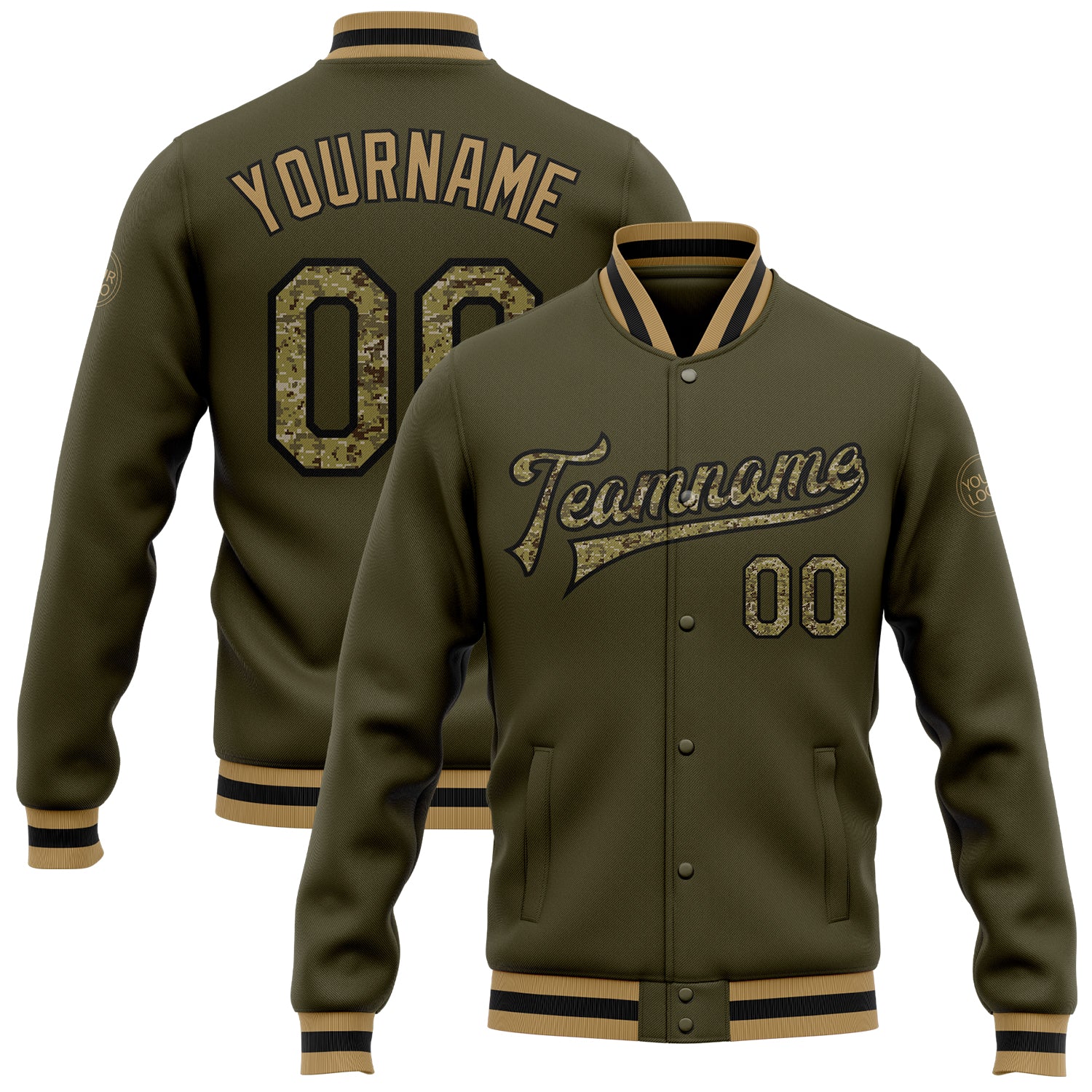 Olive Camo Black and Old Gold Bomber Jacket - Custom Salute To Service Full-Snap Varsity Letterman Custom Olive Camo Black-Old