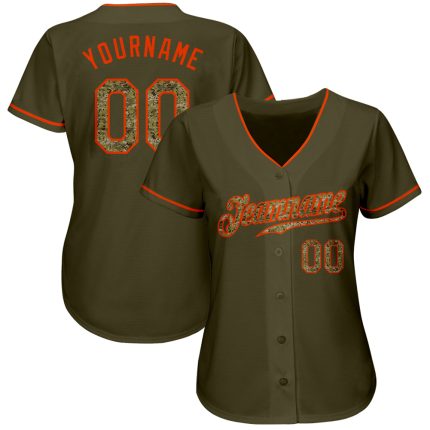 Custom Olive Camo-Orange Salute To Service Baseball Jersey - Authentic Sports Apparel Custom Olive Camo-Orange Authentic