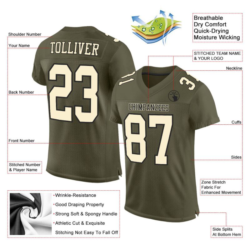 Custom Olive Cream-Black Mesh Football Jersey - Authentic Salute To Service Design Custom Olive Cream-Black Mesh Authentic