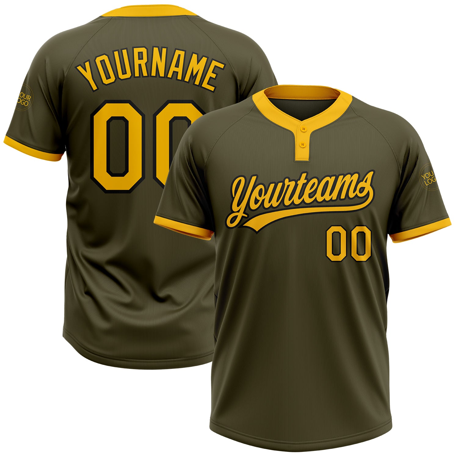 Custom Salute to Service Olive Gold-Black Unisex Softball Jersey - Two-Button Design Custom Olive Gold-Black Salute To Service