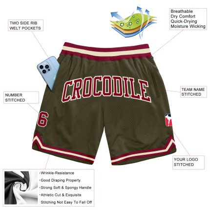 Custom Olive Maroon-Cream Basketball Shorts - Authentic Throwback Salute To Service Design Custom Olive Maroon-Cream Authentic