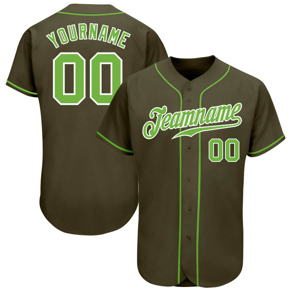 Custom Olive Neon Green-White Authentic Salute To Service Baseball Jersey Olive Neon Green-White Custom Baseball Jersey - Authentic Salute To Service Custom Olive Neon Green-White Authentic Salute