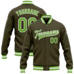 Olive Neon Green White Bomber Jacket Full-Snap Varsity Letterman Salute to Service Custom Olive Neon Green-White Bomber Full-Snap