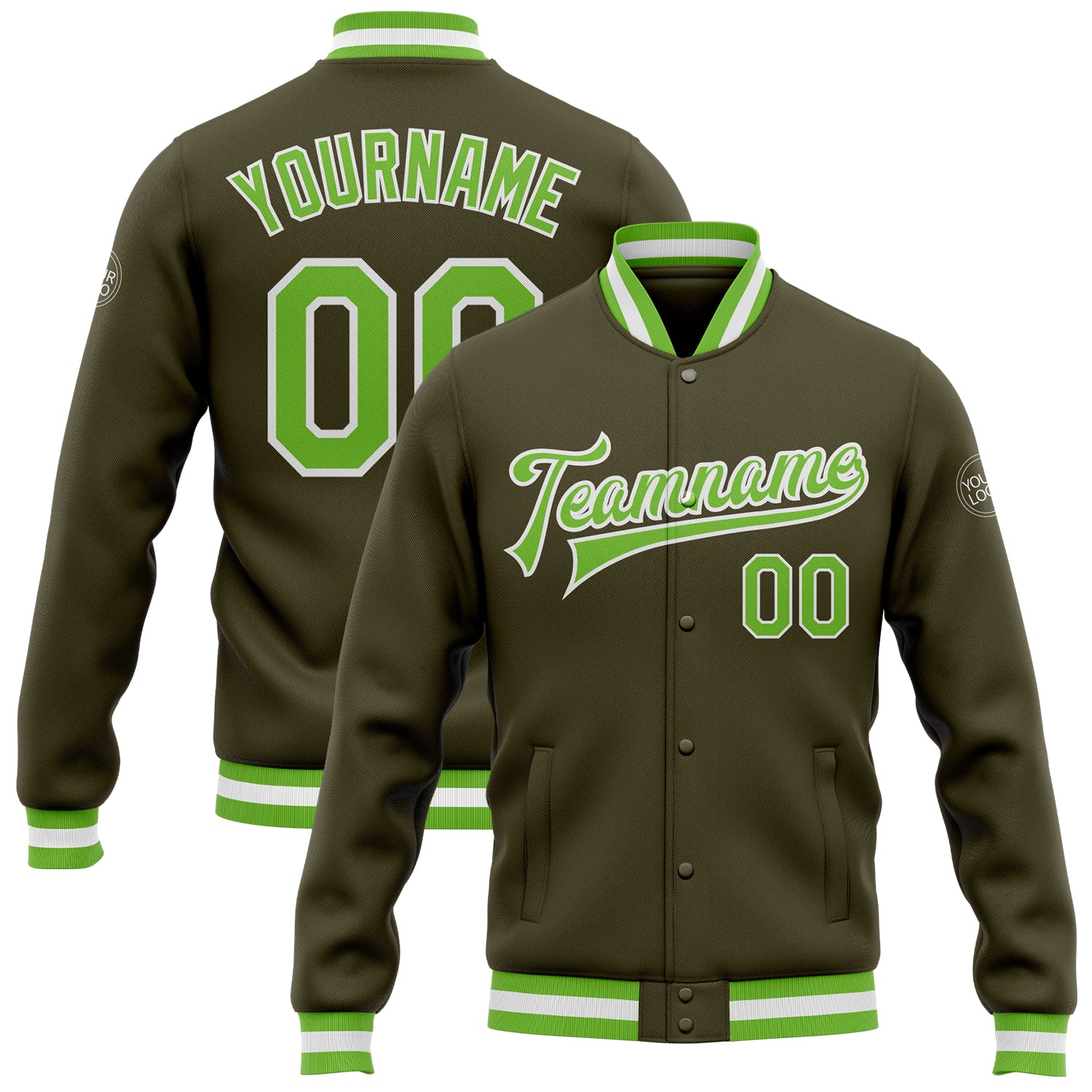 Olive Neon Green White Bomber Jacket Full-Snap Varsity Letterman Salute to Service Custom Olive Neon Green-White Bomber Full-Snap