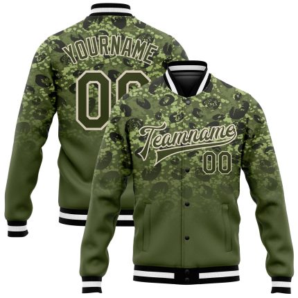 Olive Cream-Black 3D Bomber Varsity Letterman Jacket - Custom Salute To Service Custom Olive Olive Cream-Black 3D Bomber