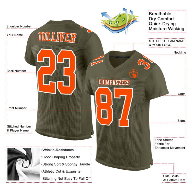 Custom Olive Orange-White Mesh Football Jersey - Authentic Salute To Service Edition Custom Olive Orange-White Mesh Authentic
