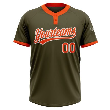 Custom Olive Orange White Salute To Service Jersey for Men and Women Softball Two-Button Design Custom Olive Orange-White