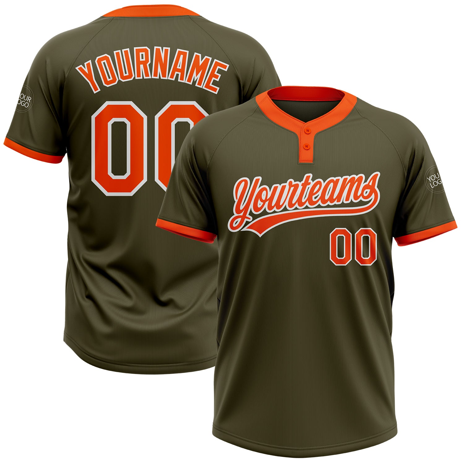 Custom Olive Orange White Salute To Service Jersey for Men and Women Softball Two-Button Design Custom Olive Orange-White