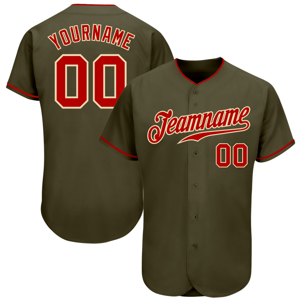 Custom Olive Red-Cream Authentic Salute To Service Baseball Jersey Olive Red-Cream Authentic Baseball Jersey - Custom Salute To Service Design Custom Olive Red-Cream Authentic Salute To Service